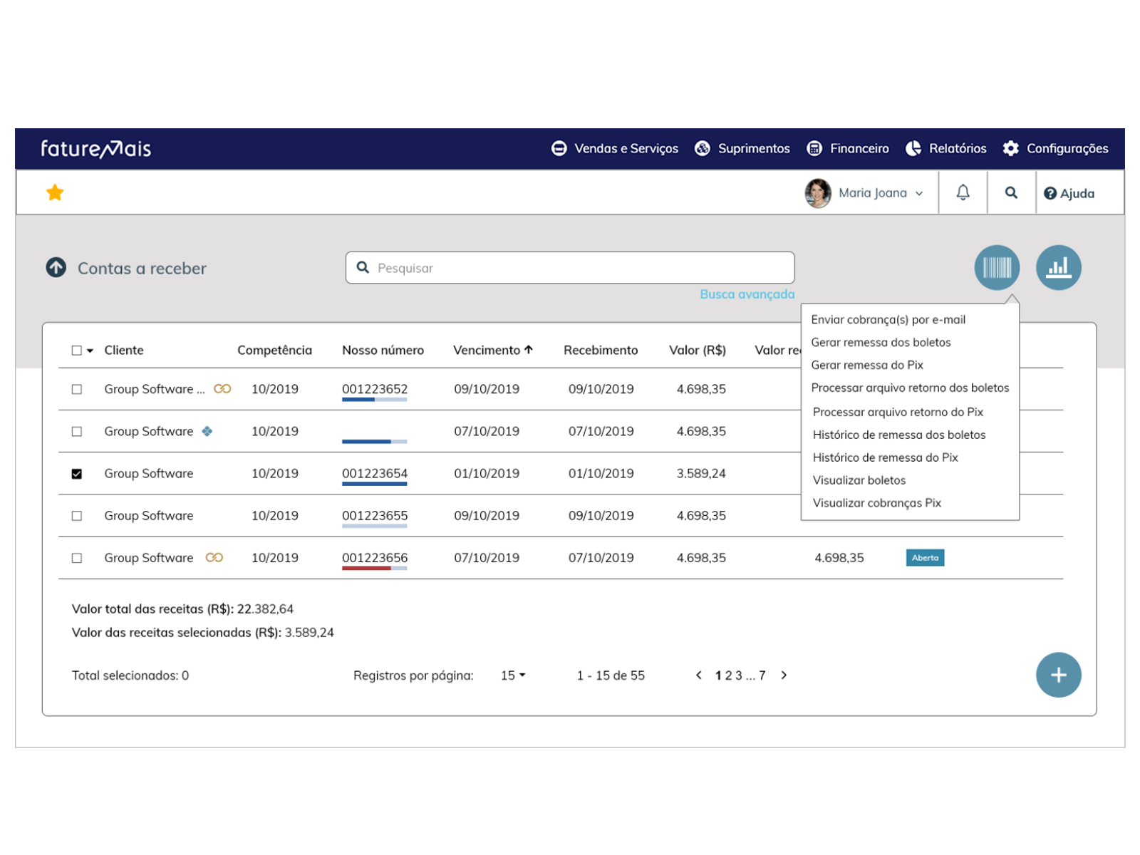 Contas a receber em sistema gestão financeira