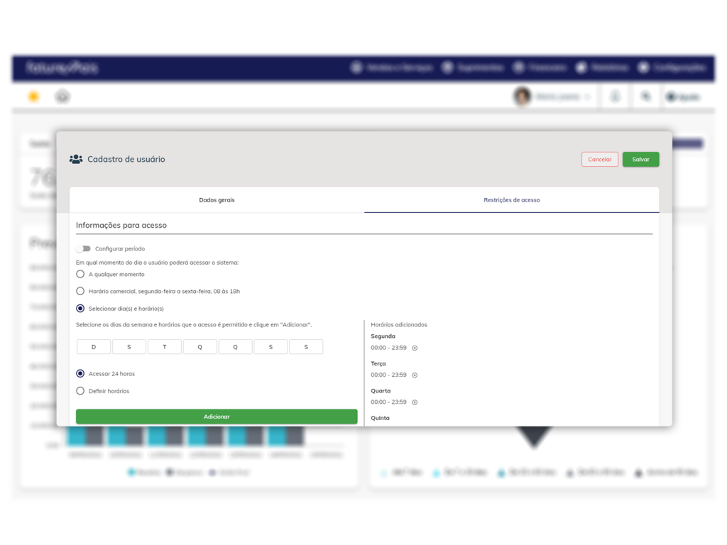 Controle de acessos usuarios sistema gestao financeira online