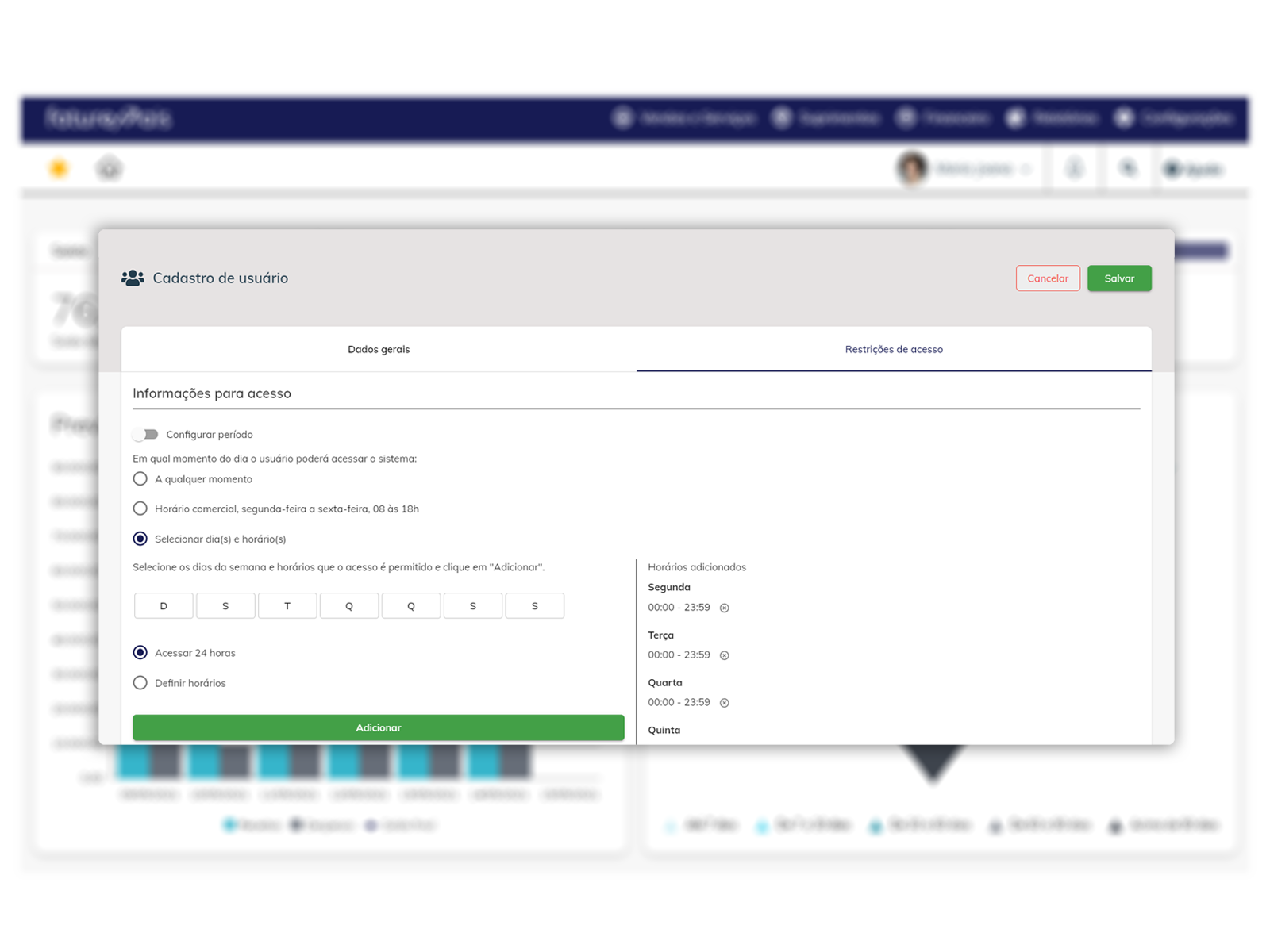 Controle de acessos usuarios sistema gestao financeira online