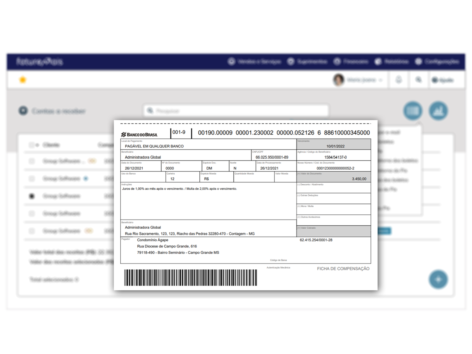 Gerar boleto bancário sistema gestão financeira online